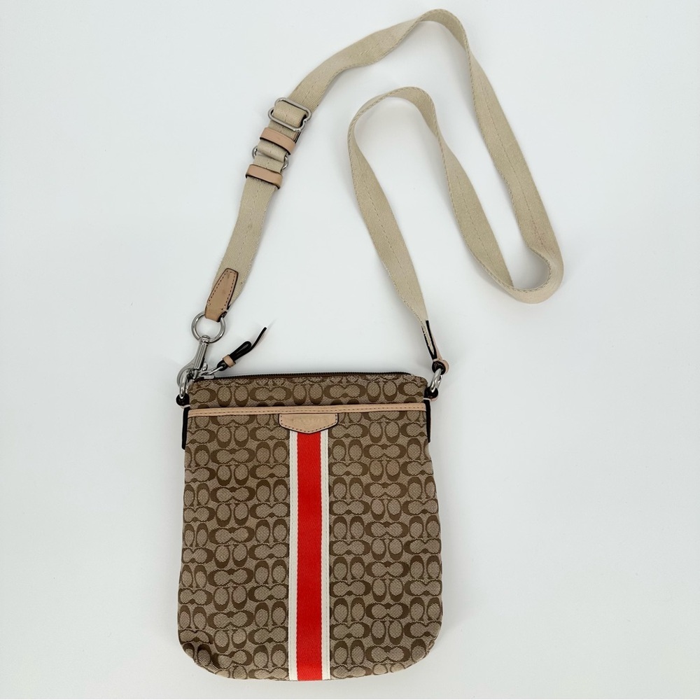 Coach Signature Stripe 6CM North/South Swingpack F50793 Khaki/Hot Orange